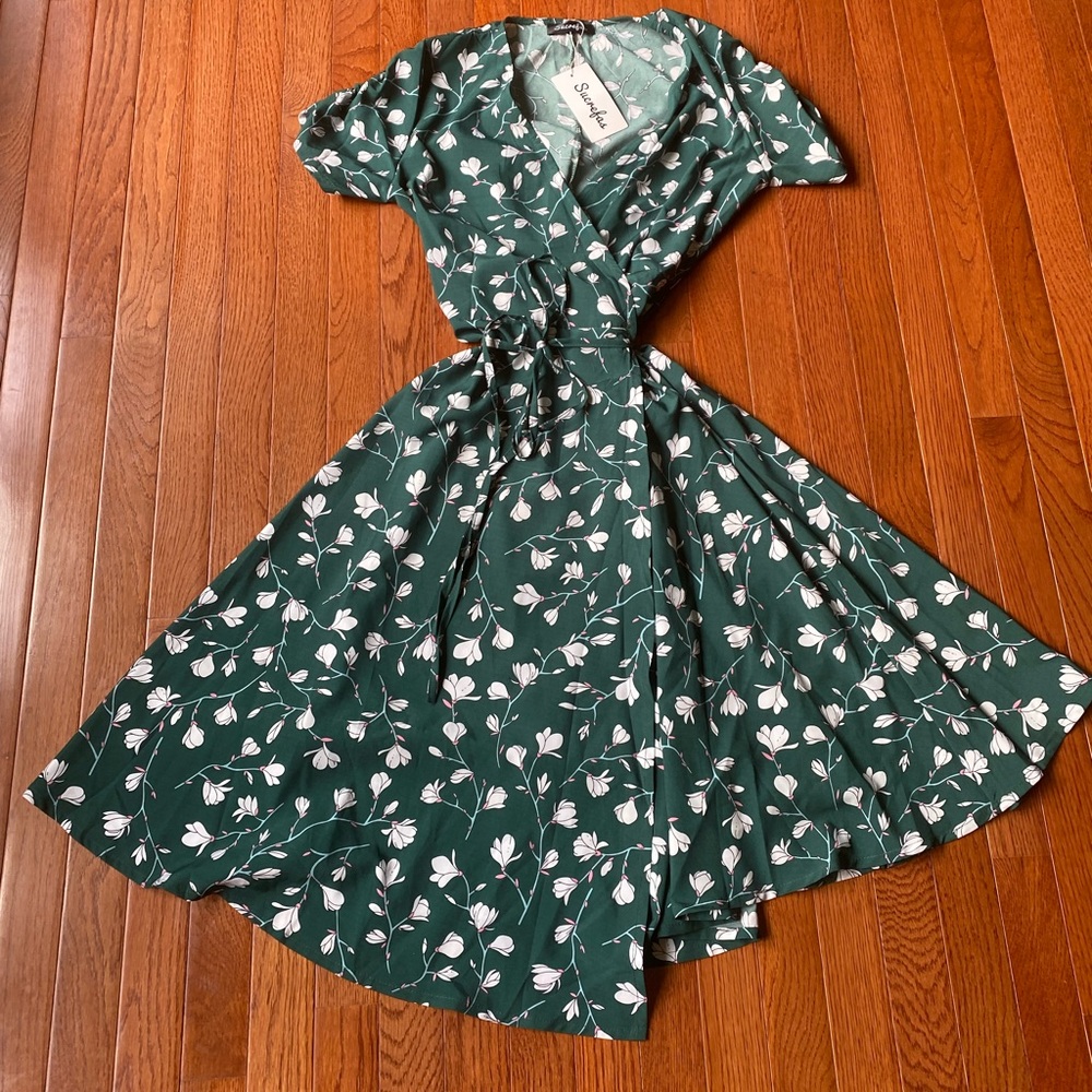 Dark green floral wrap dress